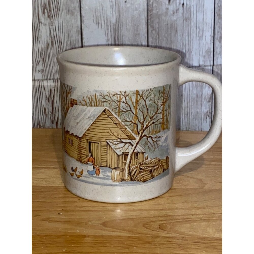Sunnycraft Speckled Stoneware Winter Farm Scene Barn Chickens Coffee Mug Japan